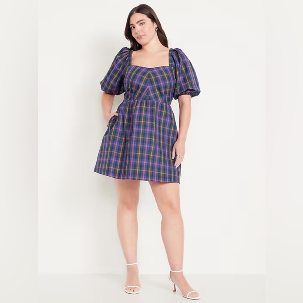 NWT! Old Navy Puff-Sleeve Plaid Fit & Flare Taffeta Mini Dress - Multiple - Picture 2 of 10